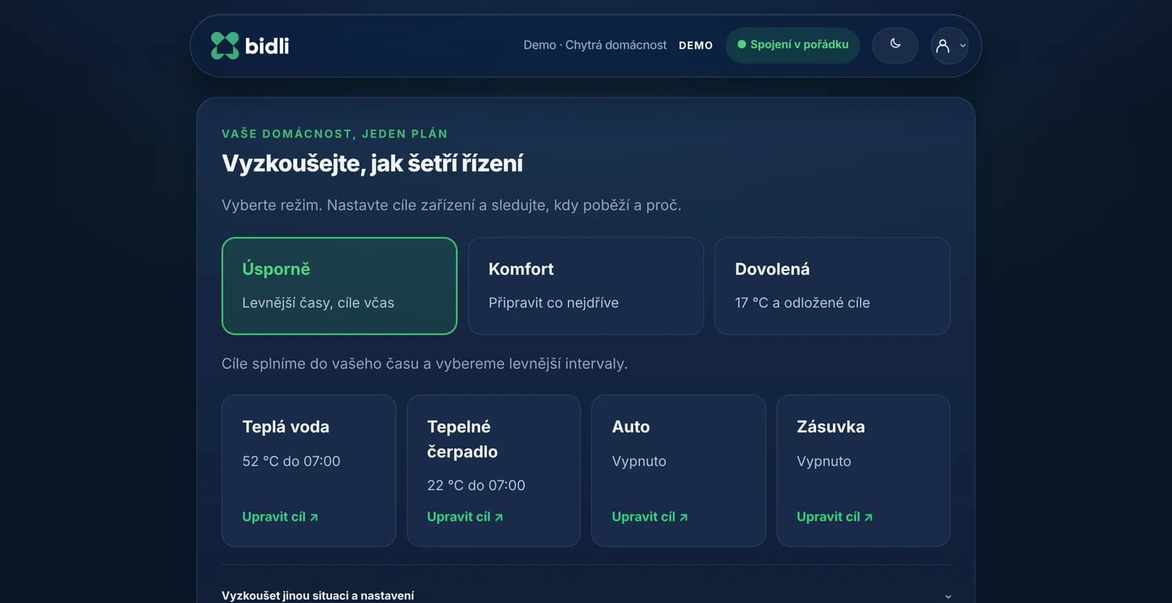 Aplikace Chytrý SPOT – přehled domácnosti s režimy řízení a cíli jednotlivých zařízení